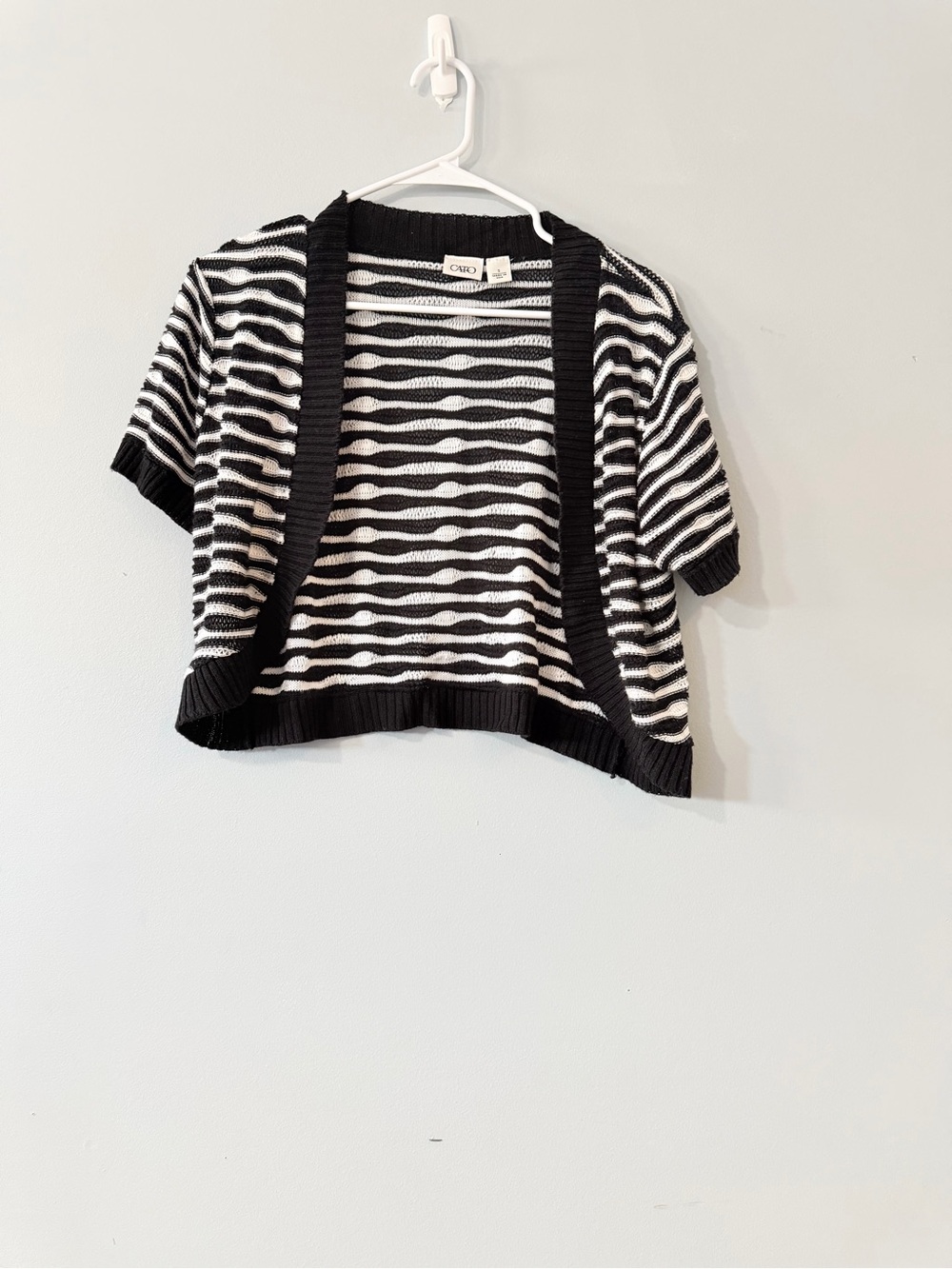 Cato Black & White Striped Short Sleeve Open-Front Cardigan